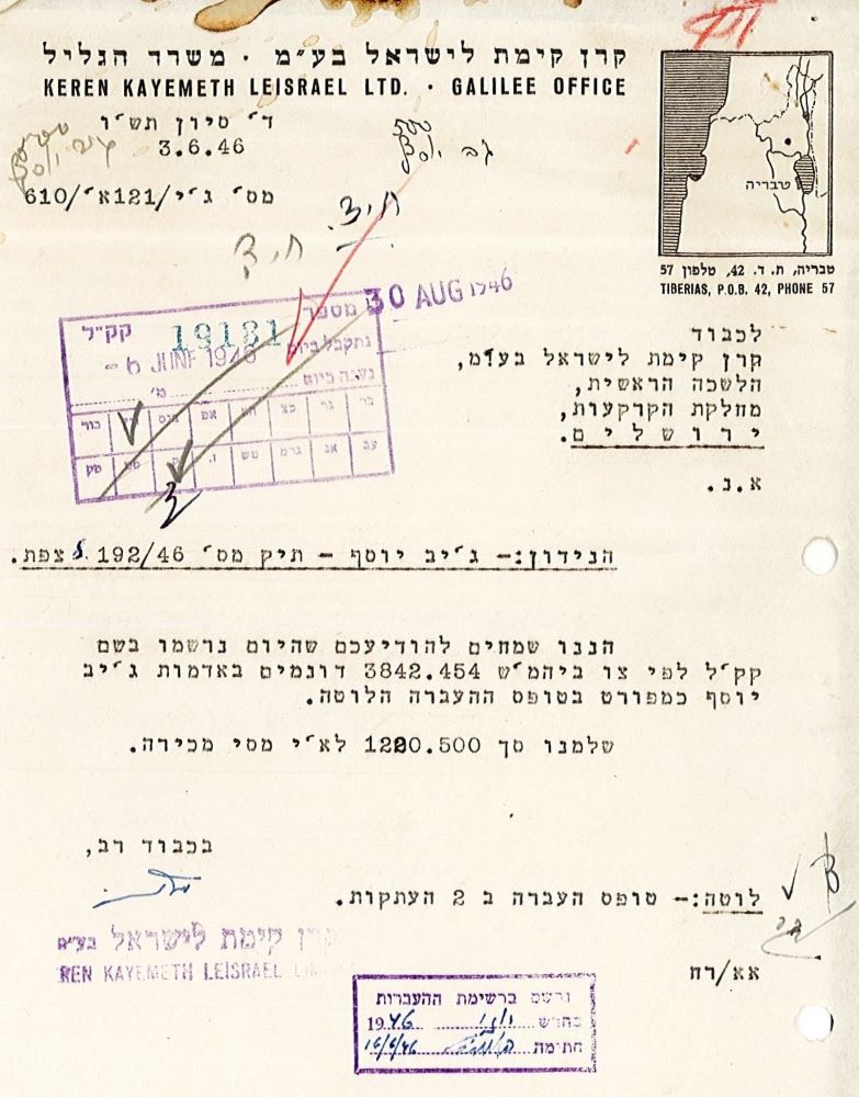 משרד הגליל של קק"ל מודיע למשרד הראשי בירושלים על השלמת תהליך הרכישה, יוני 1946